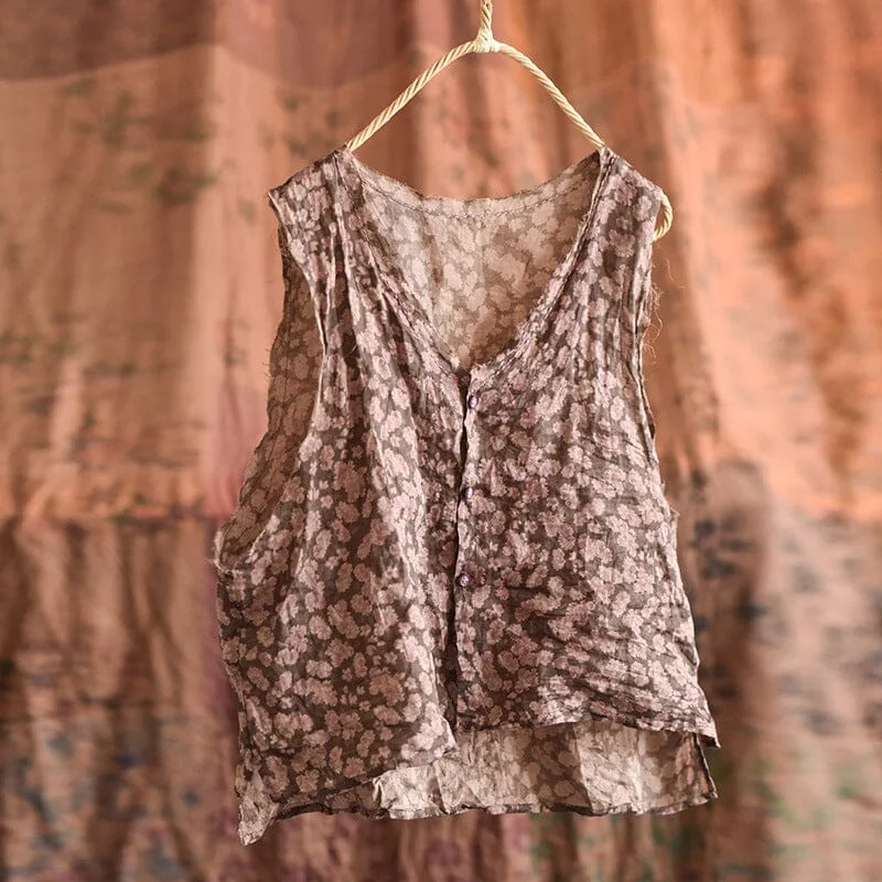 Women Retro Floral Linen Loose Vest