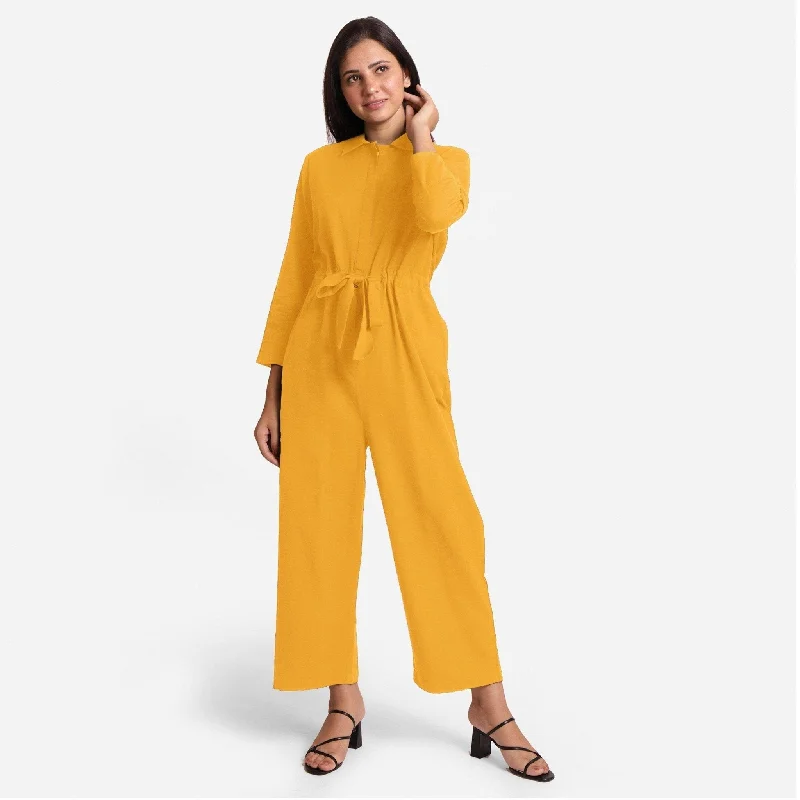 Yellow Flat Collar Cotton Flax Elasticated Wide Legged Overall