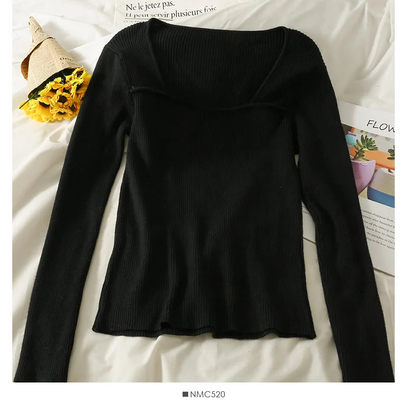 Solid color versatile low collar collarbone exposed long sleeve bottomed top  1813