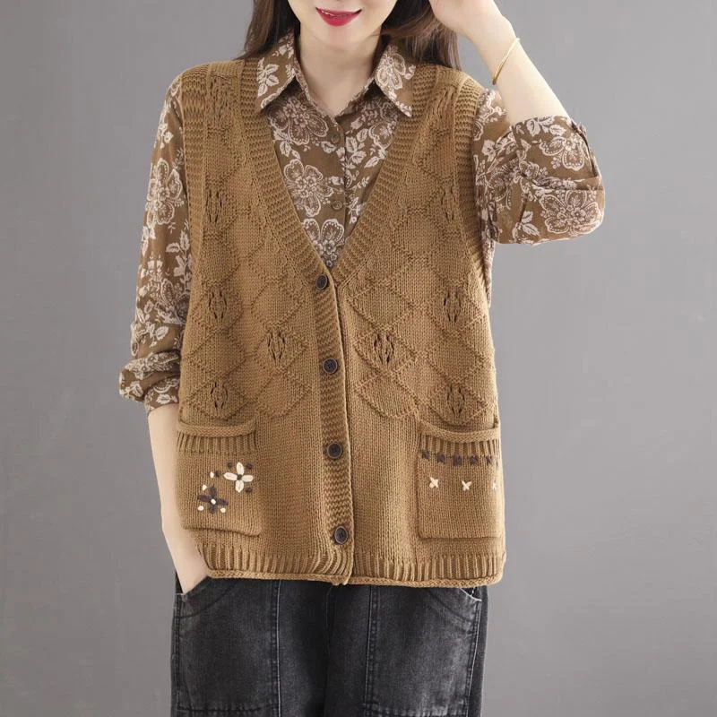 Autumn Retro Hollow Loose Cotton Knitted Vest