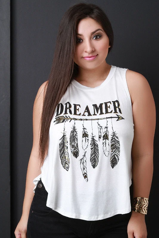 Dreamer Feathers Print Relaxed Sleeveless Tee