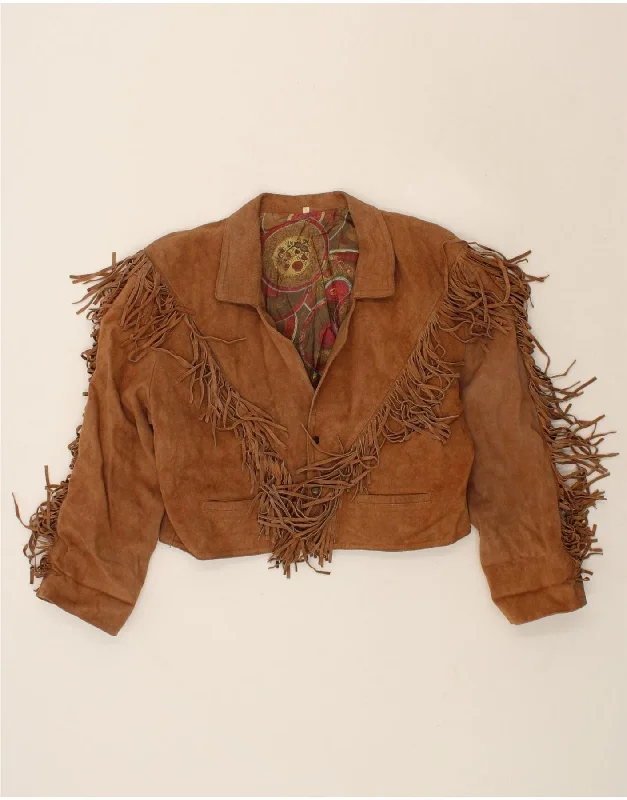 VINTAGE Womens Crop Suede Jacket UK 10 Small Brown