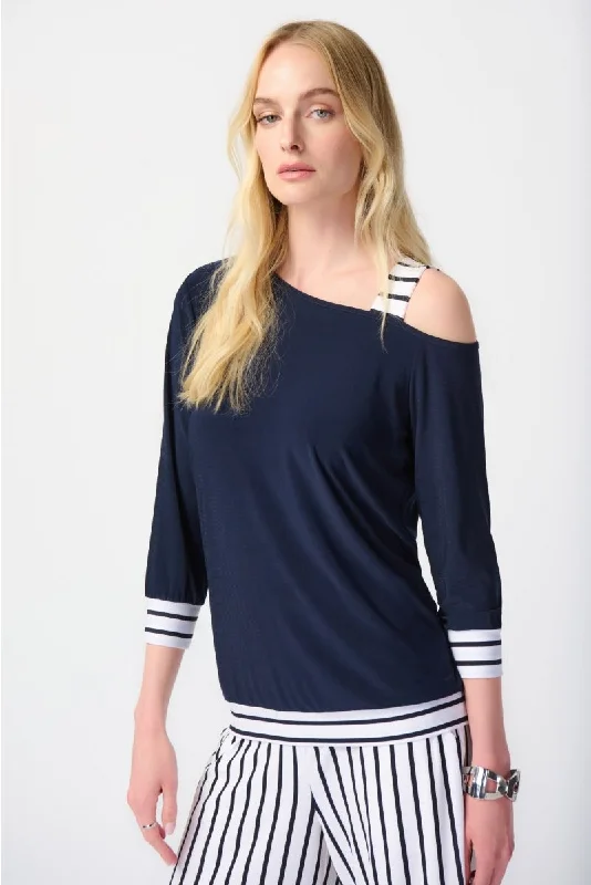 Joseph Ribkoff Midnight Blue/Vanilla Striped Asymmetric Cold-Shoulder Top 241168