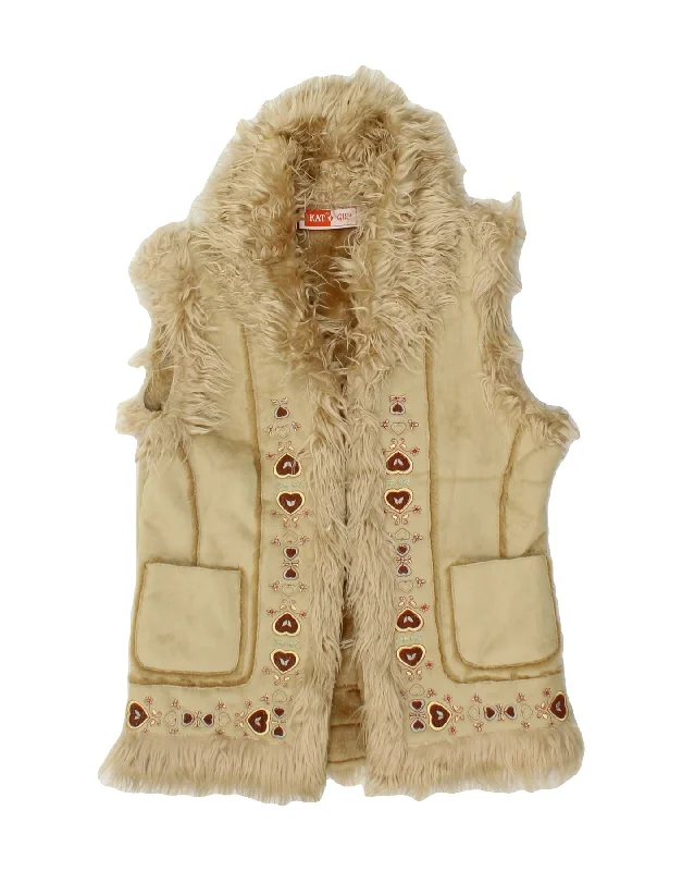 VINTAGE Womens Graphic Sherpa Gilet UK 10 Small Beige