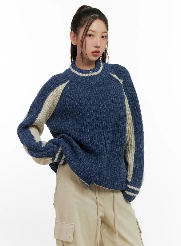 Two-Tone Zip-Up Knit Sweater CN412