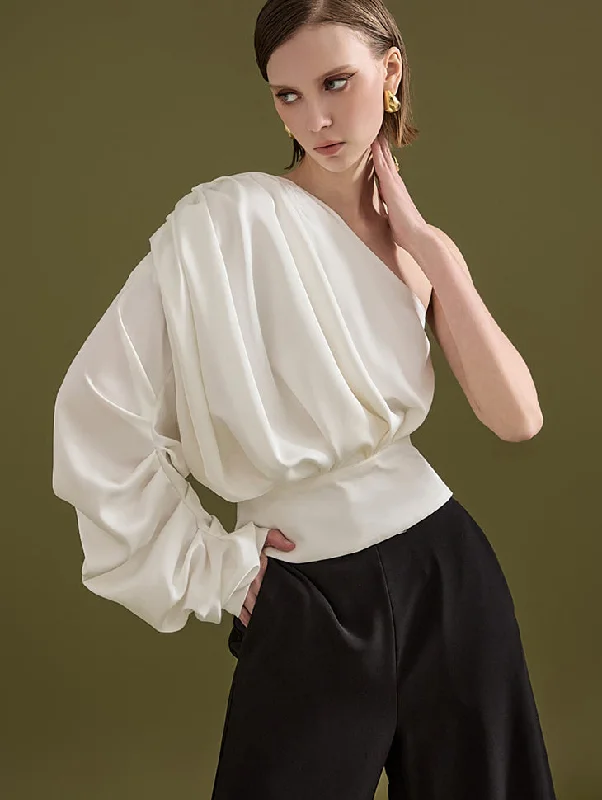 B9114 Satin One Shoulder Shirring Blouse