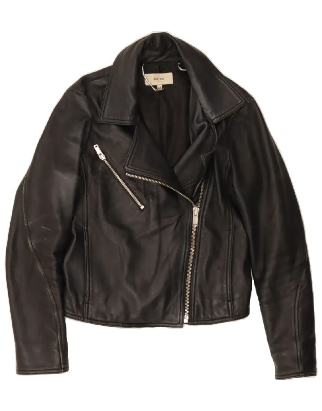 REISS Womens Leather Biker Jacket UK 8 Small Black Leather