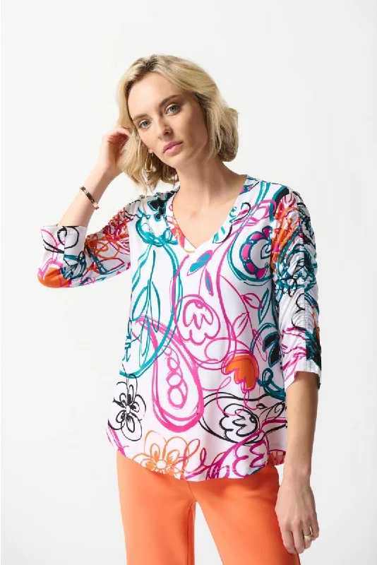 Joseph Ribkoff Vanilla/Multi Floral Paisley Scribble Print Shirred Top 242179