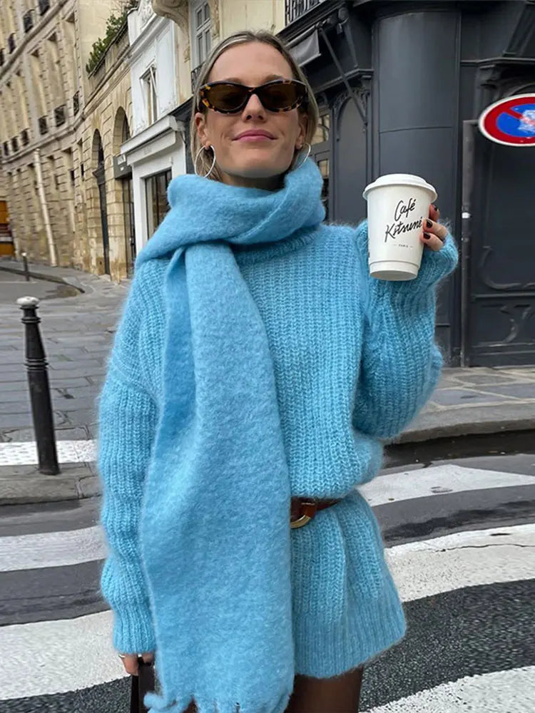 Elegant Solid Knitted Pullover With Scarf Women Fashion O Neck Long Sleeve Loose Sweater