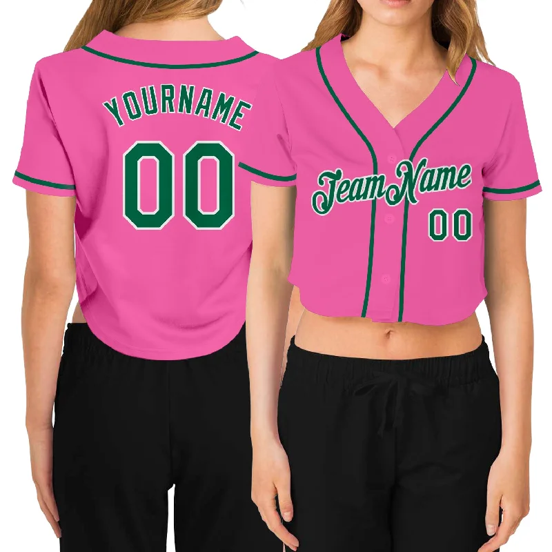 Custom Women's Pink Kelly Green-White V-Neck Cropped Baseball Jersey