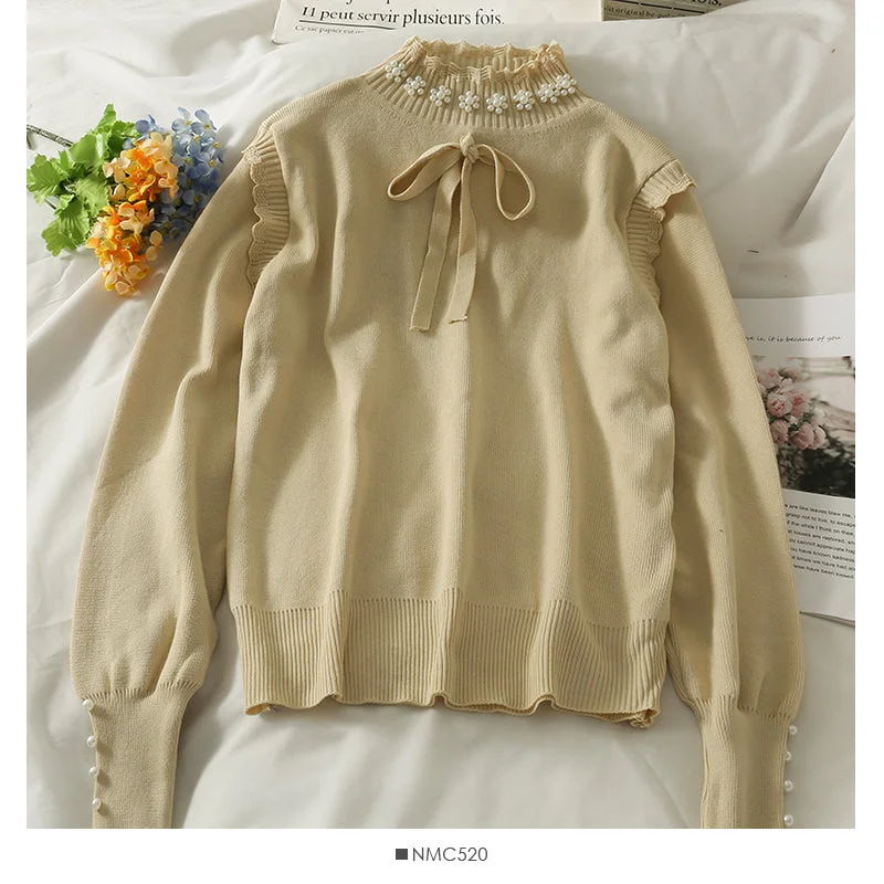 Sweet wind nail bead bow tie high neck Pullover Top  1822