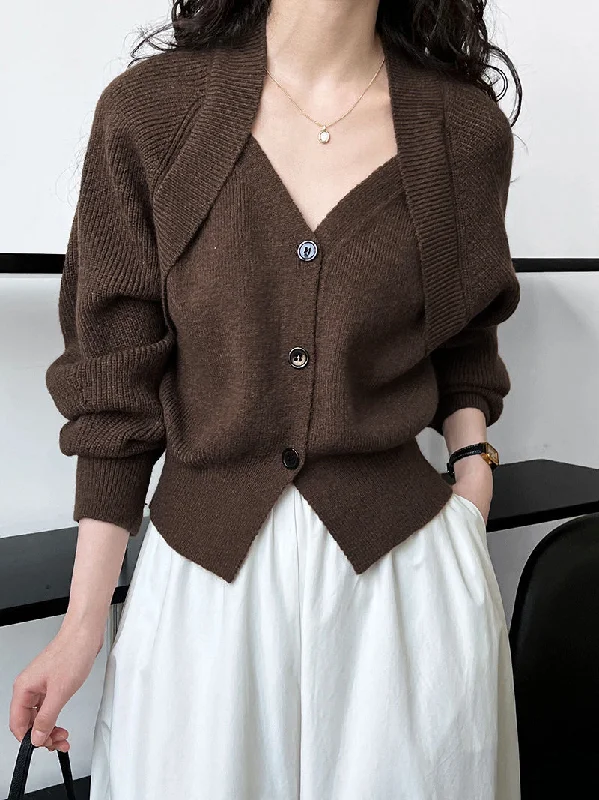 Patchwork V-neck Graceful Button Sweater