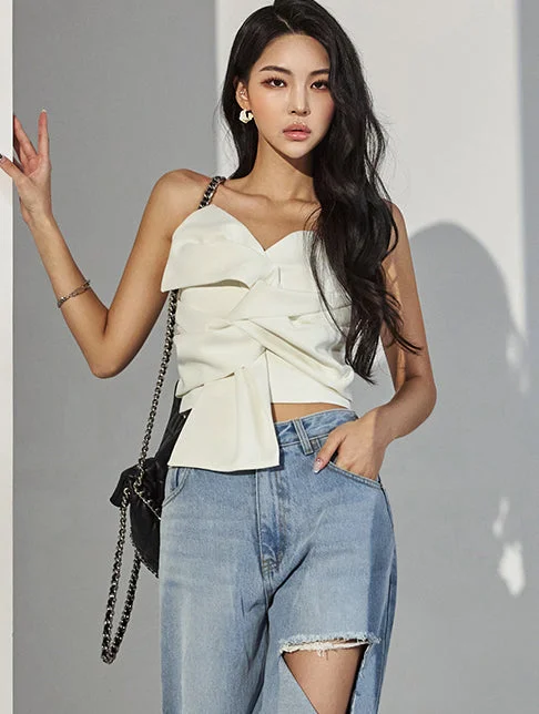 B9141 Ribbon Wwist Tube Top Crop Blouse