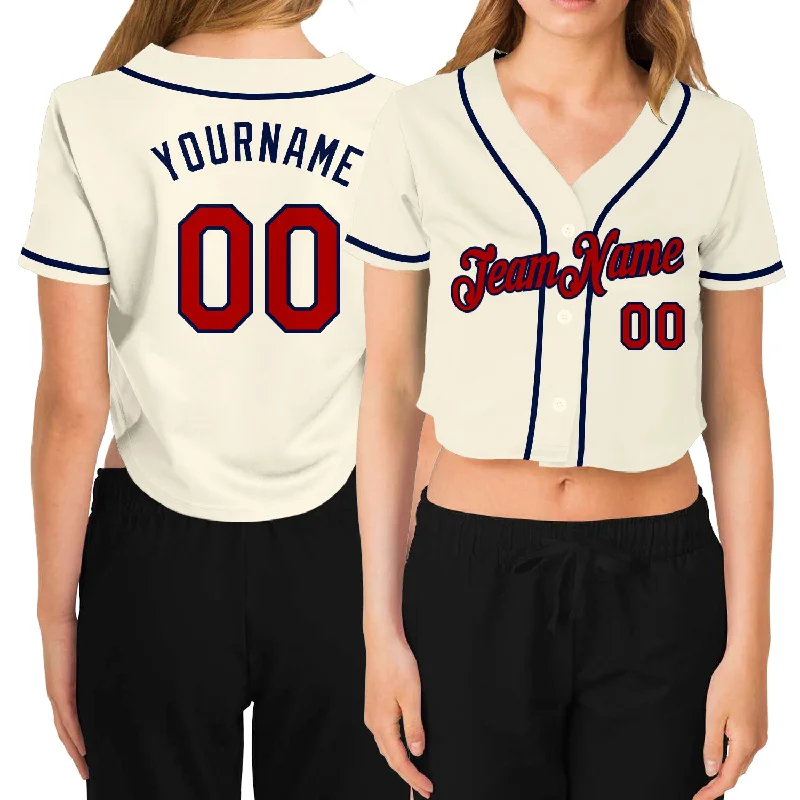 Custom Women's Cream Red-Navy V-Neck Cropped Baseball Jersey