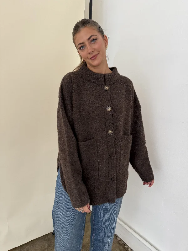 Madison Brown Fuzzy Knit Buttoned Cardigan Jacket