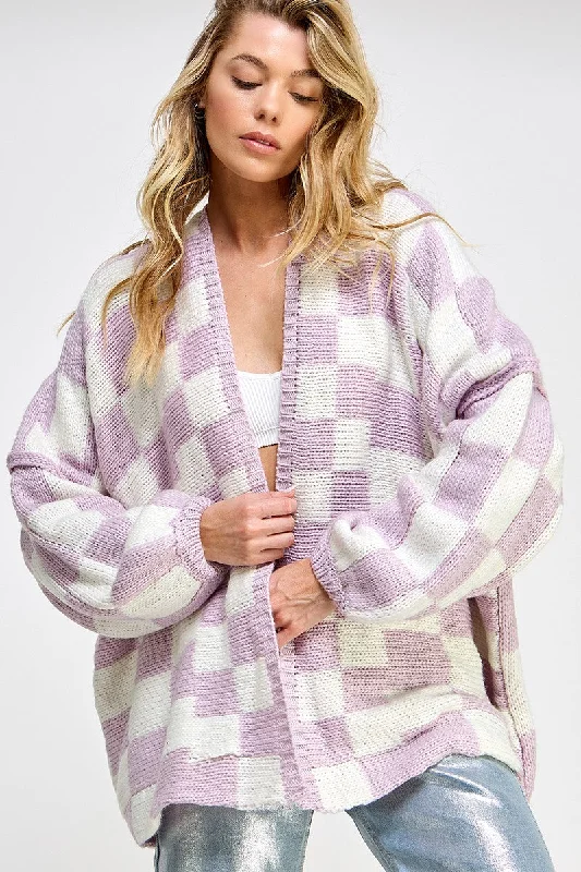 Lavender Checkered Oversized Cardigan