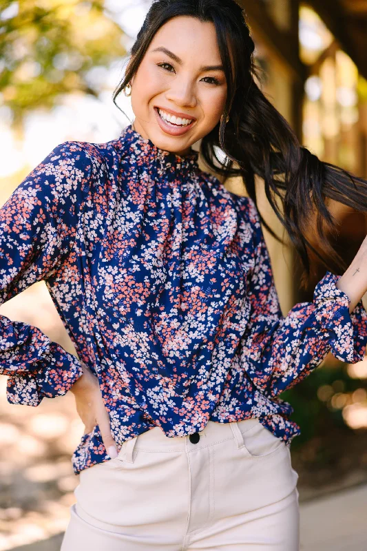 This Is The Time Navy Blue Ditsy Floral L/S Blouse