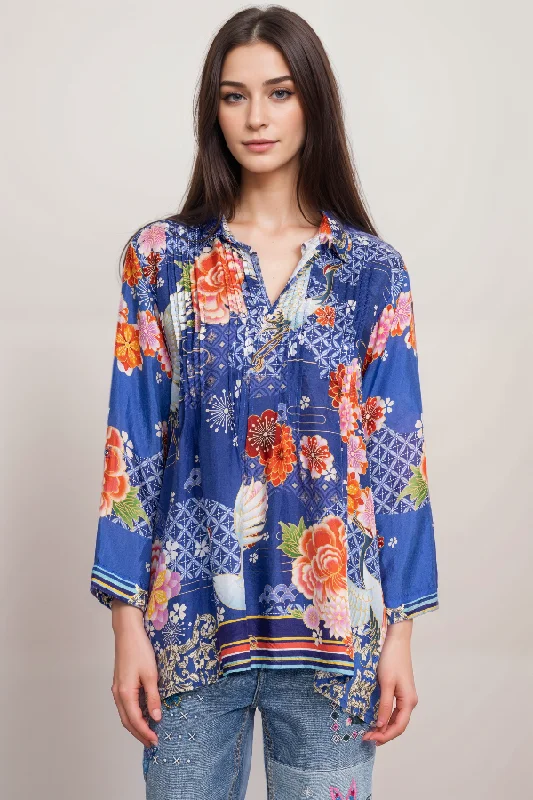 Johnny Was Pajaro Coddi Silk Blue Floral  Tunic Top  C27523