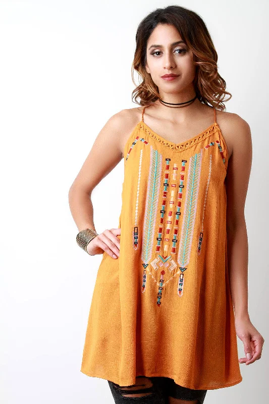 Embroidered Aztec V-Neck Sleeveless Top