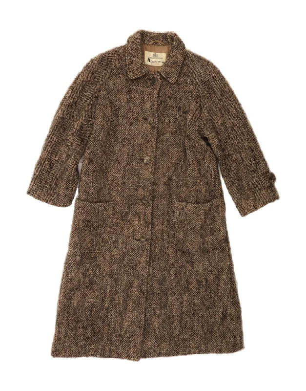 AQUASCUTUM Womens Overcoat UK 14 Medium Brown Flecked Wool