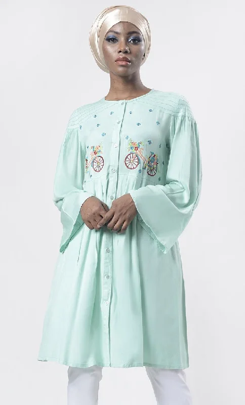 Graceful Green Ash Bicycle Embroidered Front Button Down Tunic