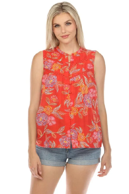 Johnny Was Calme Red Mandarin Collar Tank Top Boho Chic R11524