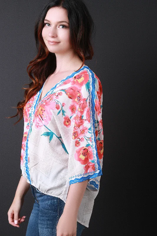 Dolman Sleeve Floral Print Surplice Top