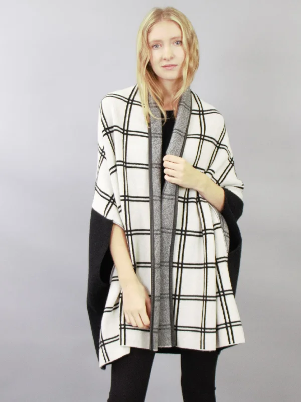 Leather Piping Trimmed Reversible Plaid Open Front