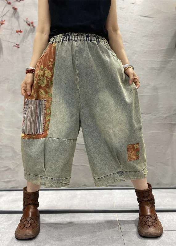 Classy Blue Print Patchwork Wide Leg Denim Pants Summer