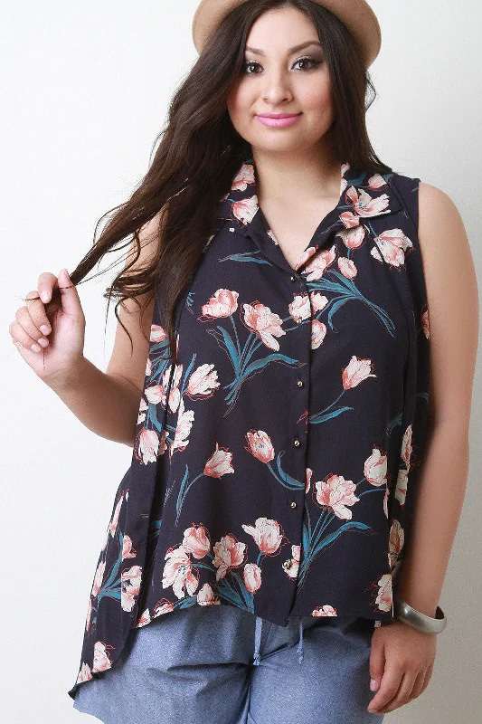 Floral Chiffon Collar Button Up Sleeveless High Low Top