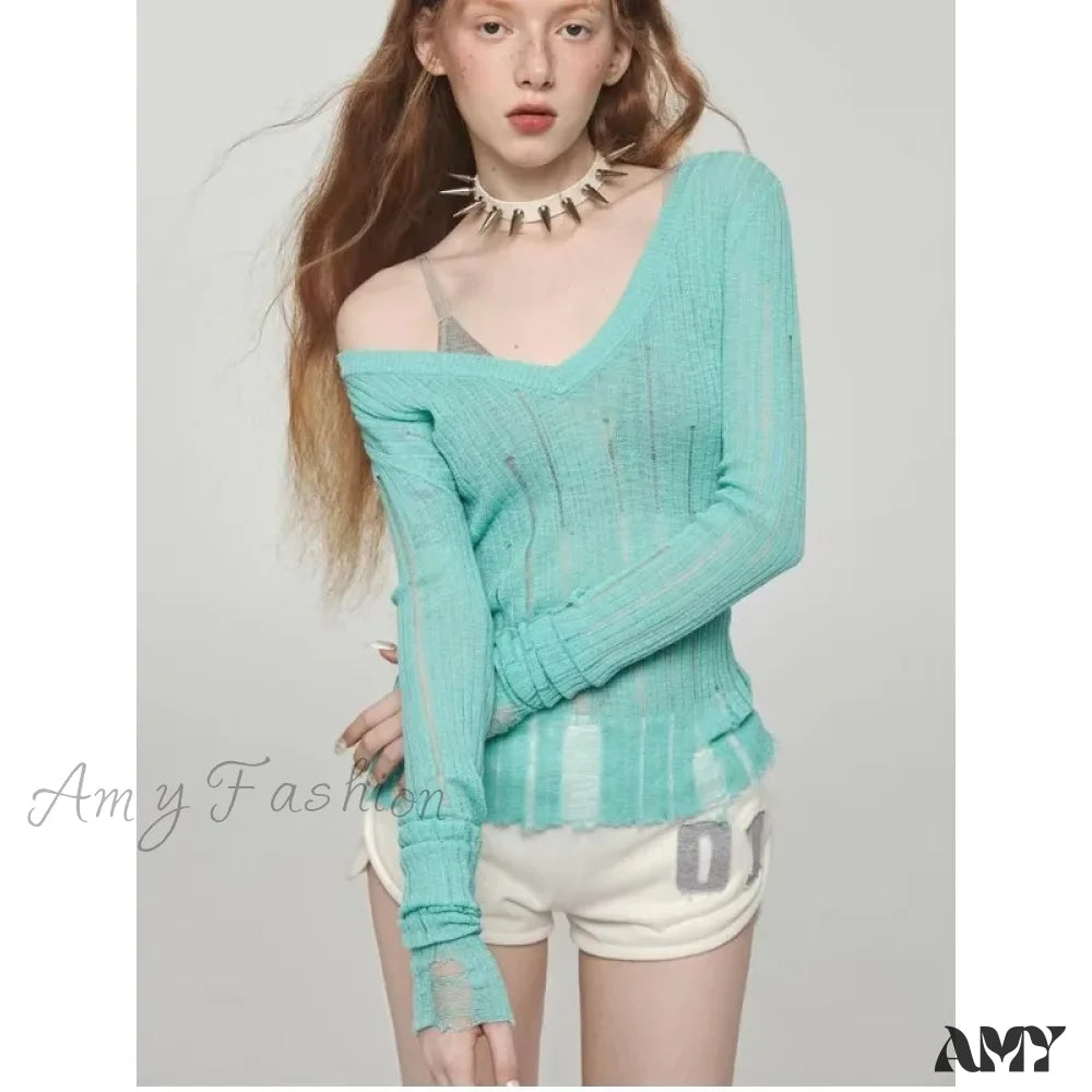 Y2K Women Knit Hollow Out V Neck Pullovers See Through Stylish Harajuku Korean Fashion Autumn Gyaru Sweater