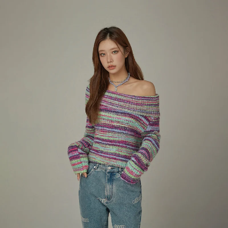 Off-Shoulder Color Stripe Knit Sweater