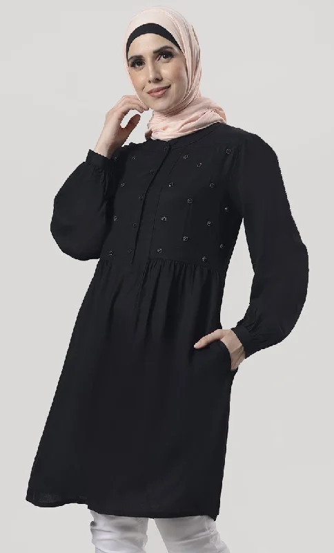 Amazing Black Hand Work Embroidered Front Open Button Tunic