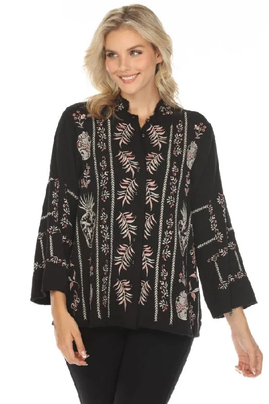 Johnny Was Biya Black Embroidered Button-Down Blouse B42924B6 Boho Chic