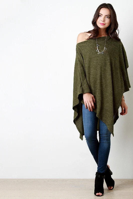 Loose Knit Asymmetrical Pleated Poncho Top