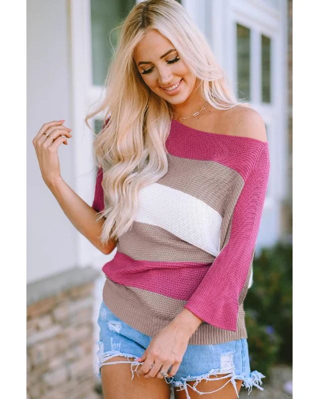 Azura Exchange Half Sleeve Contrast Stripe Knit Sweater - M