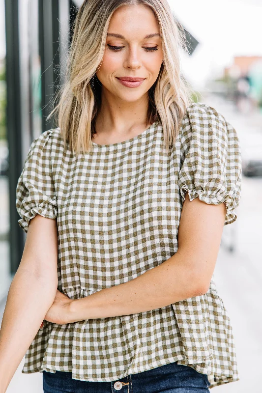 Work For You Olive Green Gingham Top